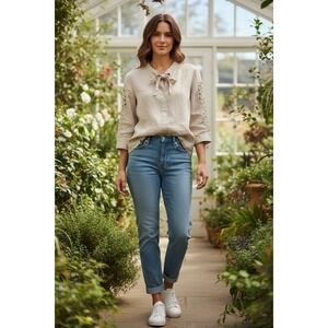 Linen Embroidered Sleeve Blouse Boho Cottage S Modern Preppy Business Casual